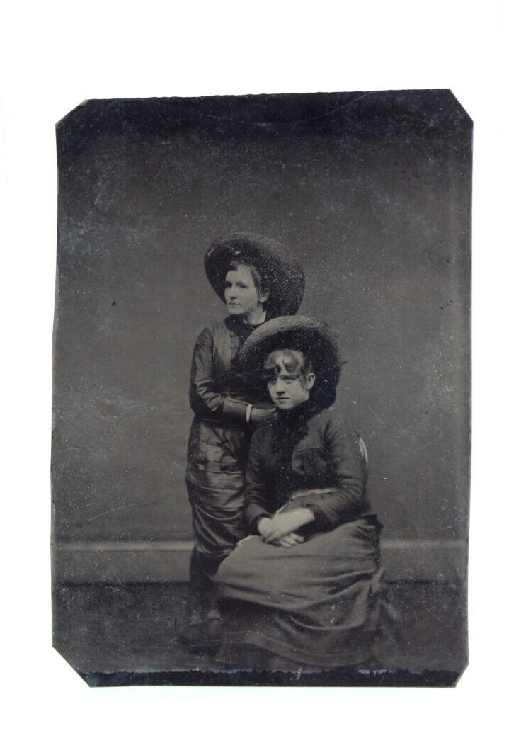 Witchy Mother Daughter Somber Gaze Victorian Dresses Hats Photo Antique Tintype
