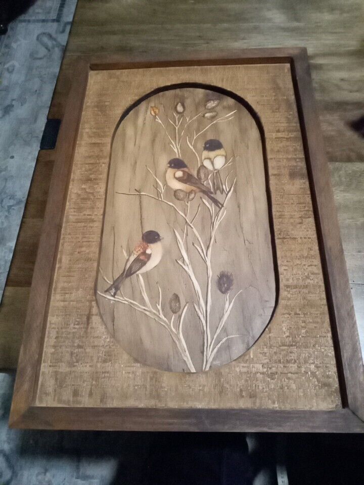Beautiful wood inlay With Painted birds On A Branch Signed 19x12