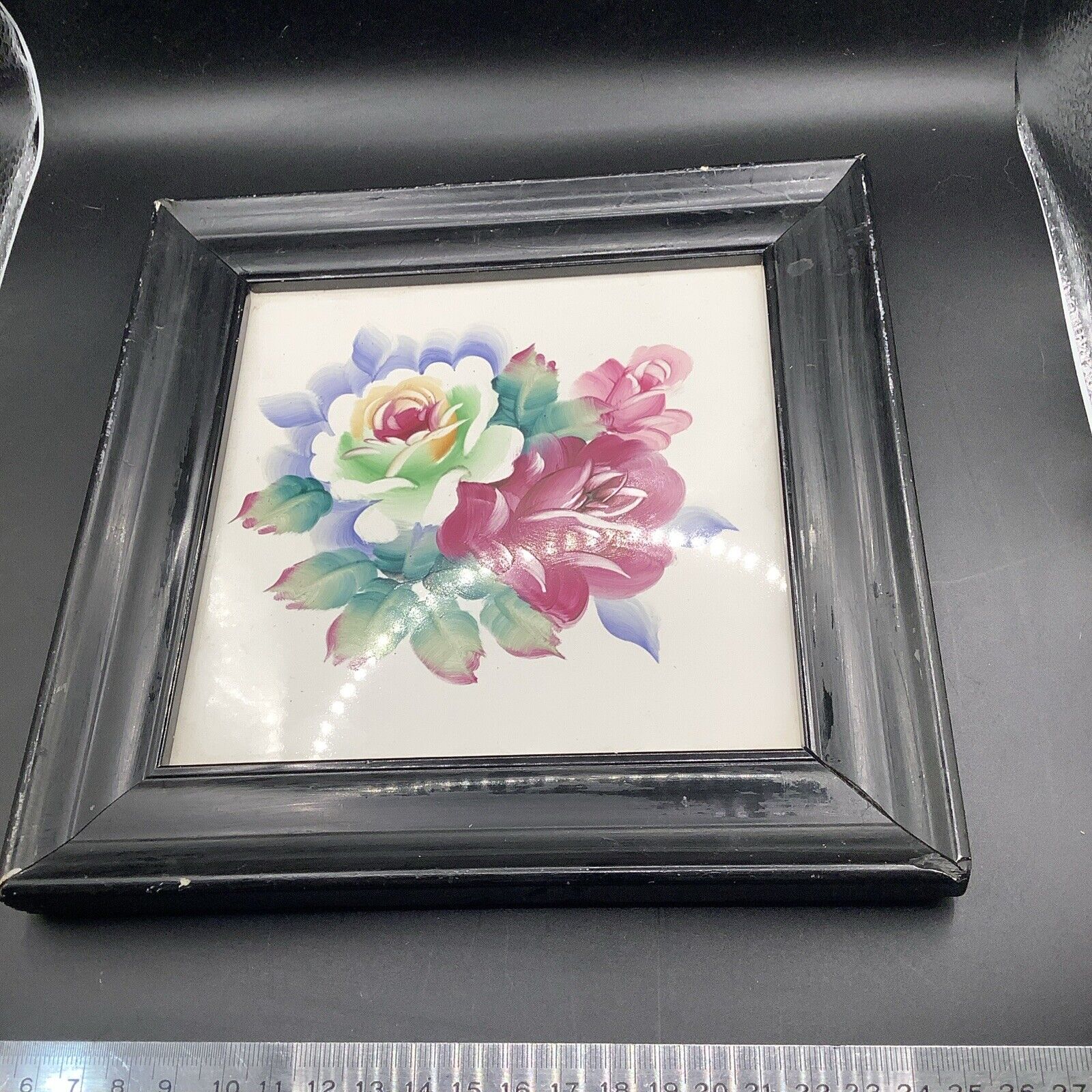 Vintage Framed Hand Painted Florals Tile