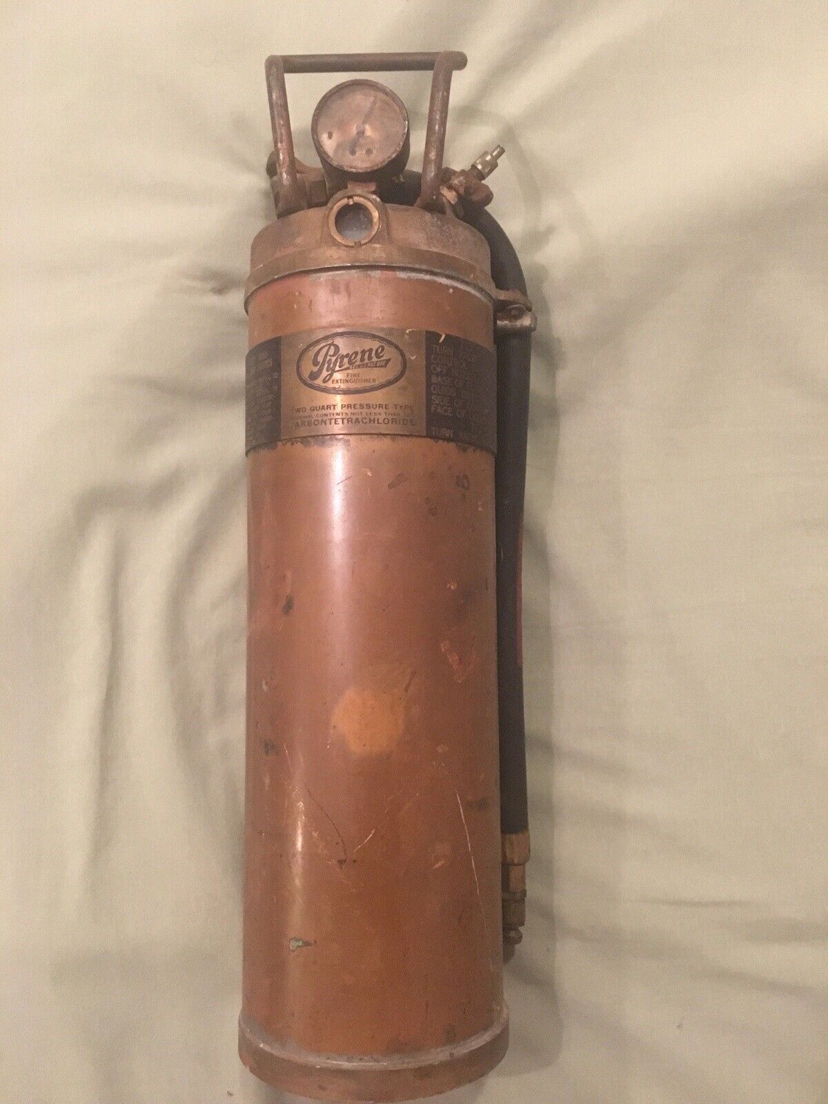 Rare Antique Pyrene Copper Fire Extinguisher 2 Quart Pressure Type Gauge - Empty