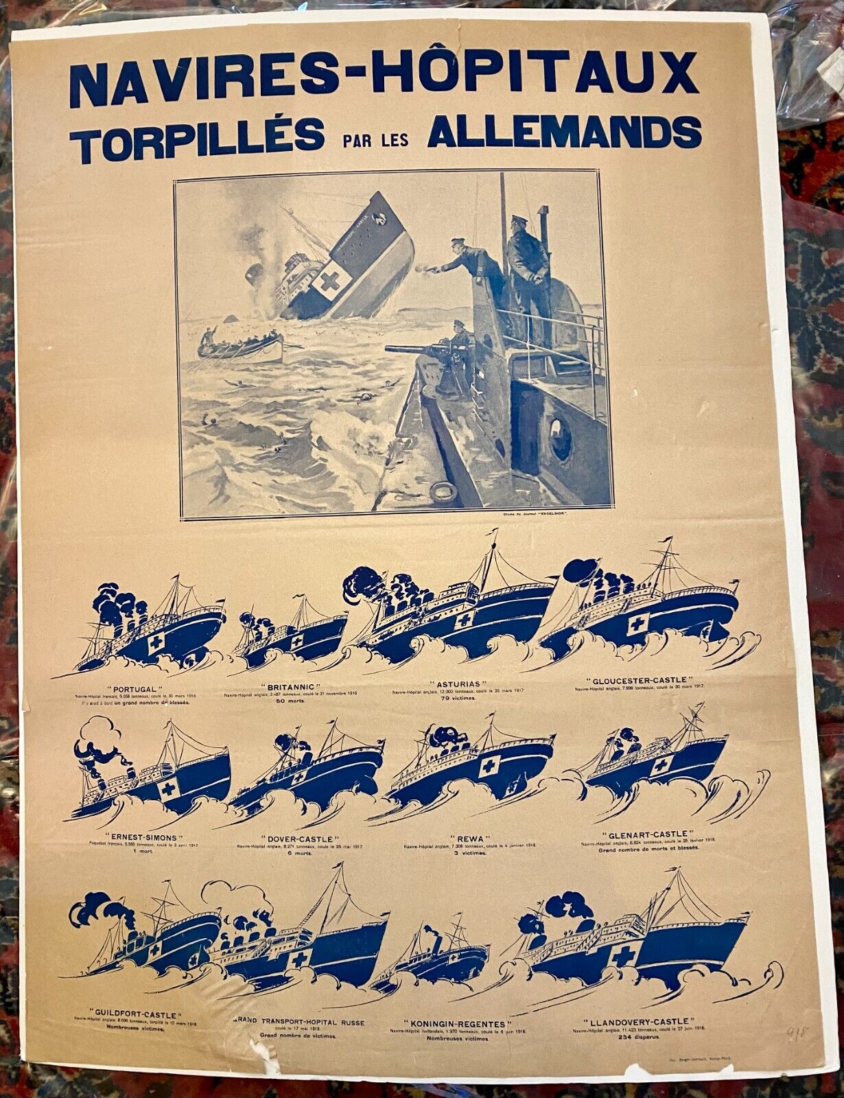 WWI original French propaganda newsprint Germans attack hospital boats original