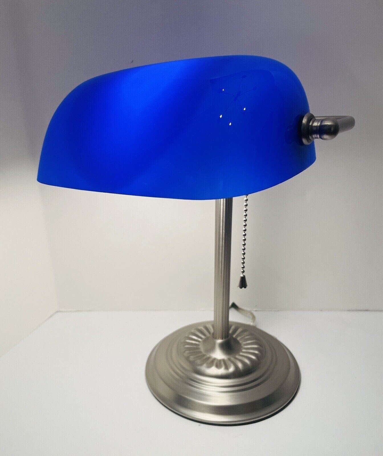 Vintage Banker’s Lamp Cobalt Blue Glass Silver Pedestal Style Pull String