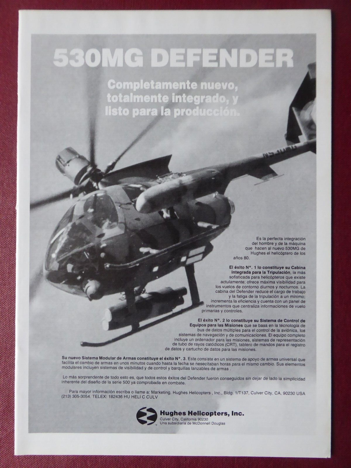 4/1985 PUB HUGHES 530MG DEFENDER MILITARY HELICOPTER SPANISH AD