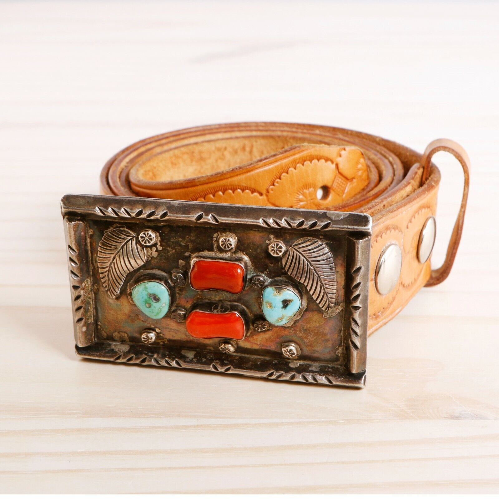 LARGE OLD PAWN STERLING SILVER TURQUOISE CORAL BELT W/ AMAZING STAMPED LEATHER
