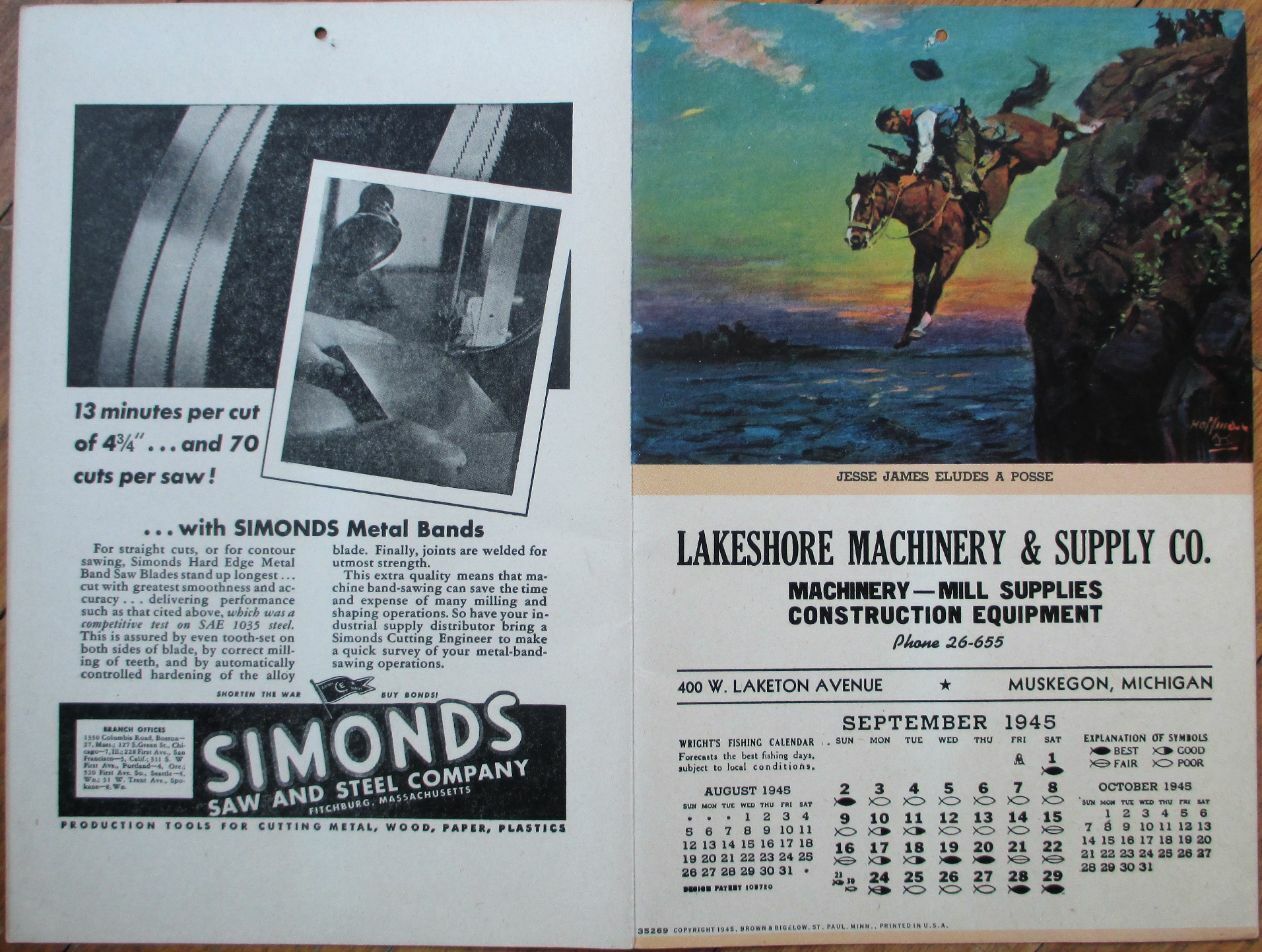 Cowboy/Western 1945 Advertising Calendar: Jesse James Eludes Posse- Muskegon, MI