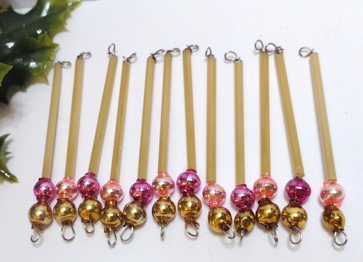 Vtg Christmas Ornaments 12 Pink Gold Mercury Glass Bead Garland Icicles #F