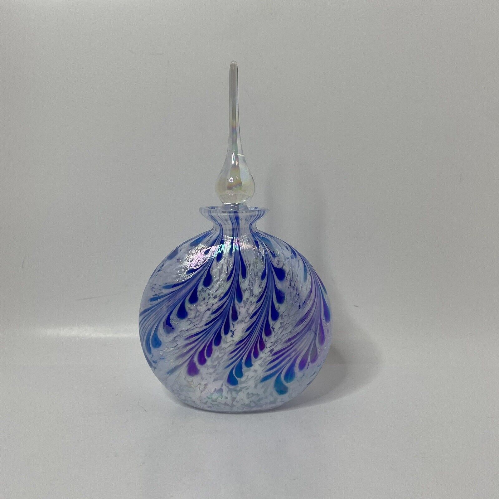 Vtg Royal Limited Crystal Blue White Feathered Luster Perfume Bottle w Stopper