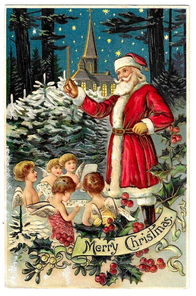Red Robe Santa Claus with Angels ~Winter Scene~Antique Christmas Postcard~h848