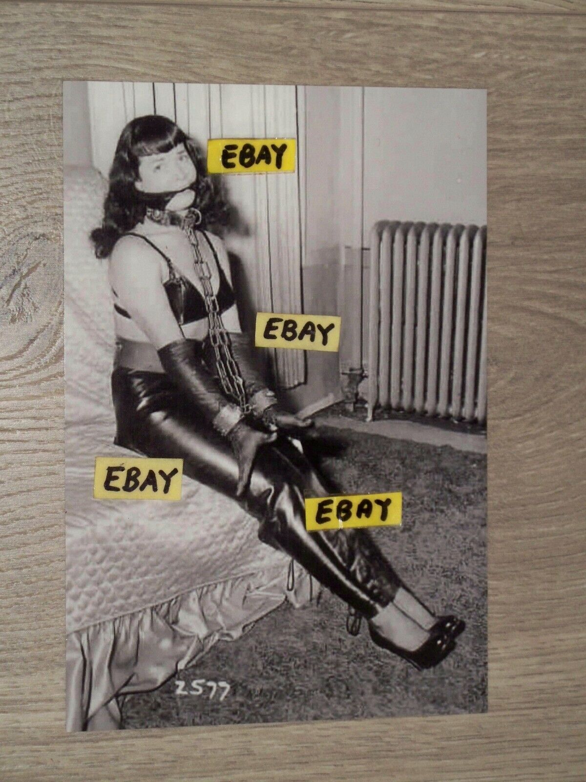 4X6 Vintage Artistic Bondage Photo Bettie Page Tied Up In Chains & Gagged On Bed