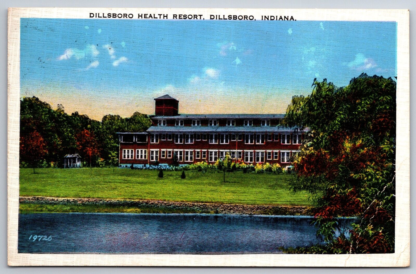 Dillsboro Indiana~Exterior Of Health Resort Bldg & Lake~PM 1937~Linen Postcard