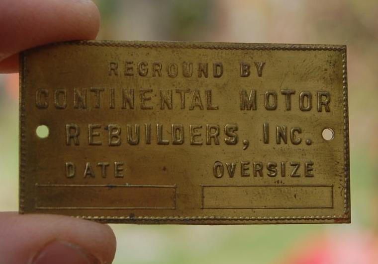 RARE VINTAGE NOS REGROUND BY CONTINENTAL MOTOR REBUILDERS ENGINE BRASS TAG SIGN