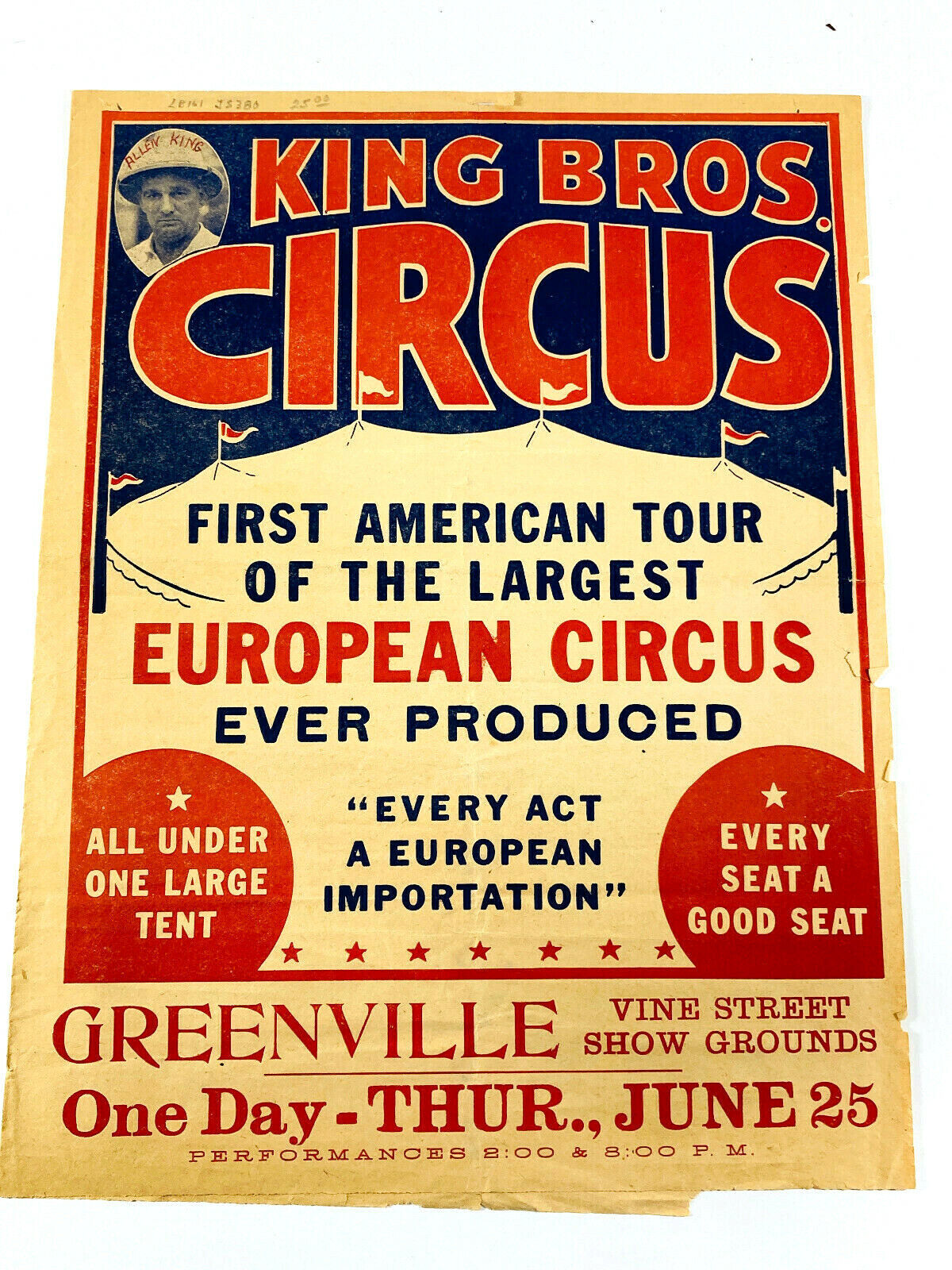 Antique RARE Allen King Bros Circus Carnival Poster courier Greenville Ohio OH 