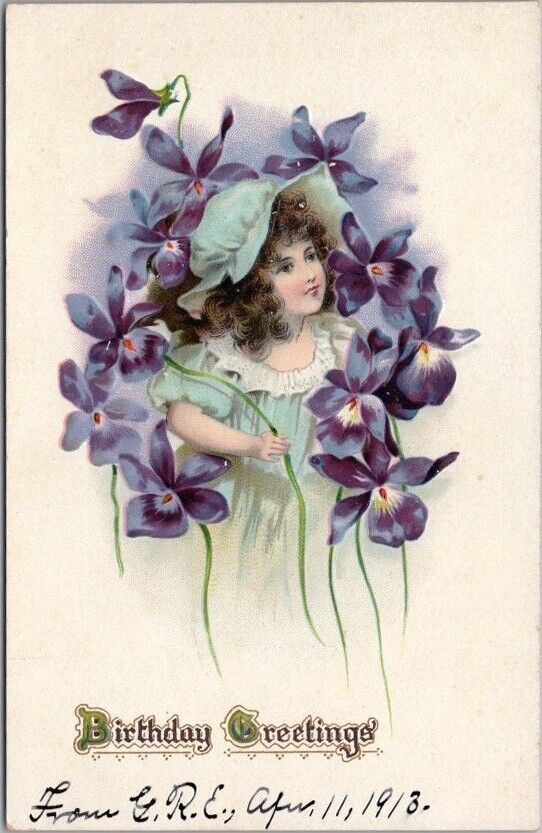1910s Tuck\'s HAPPY BIRTHDAY Embossed Postcard Pretty Girl Purple Violet Flowers