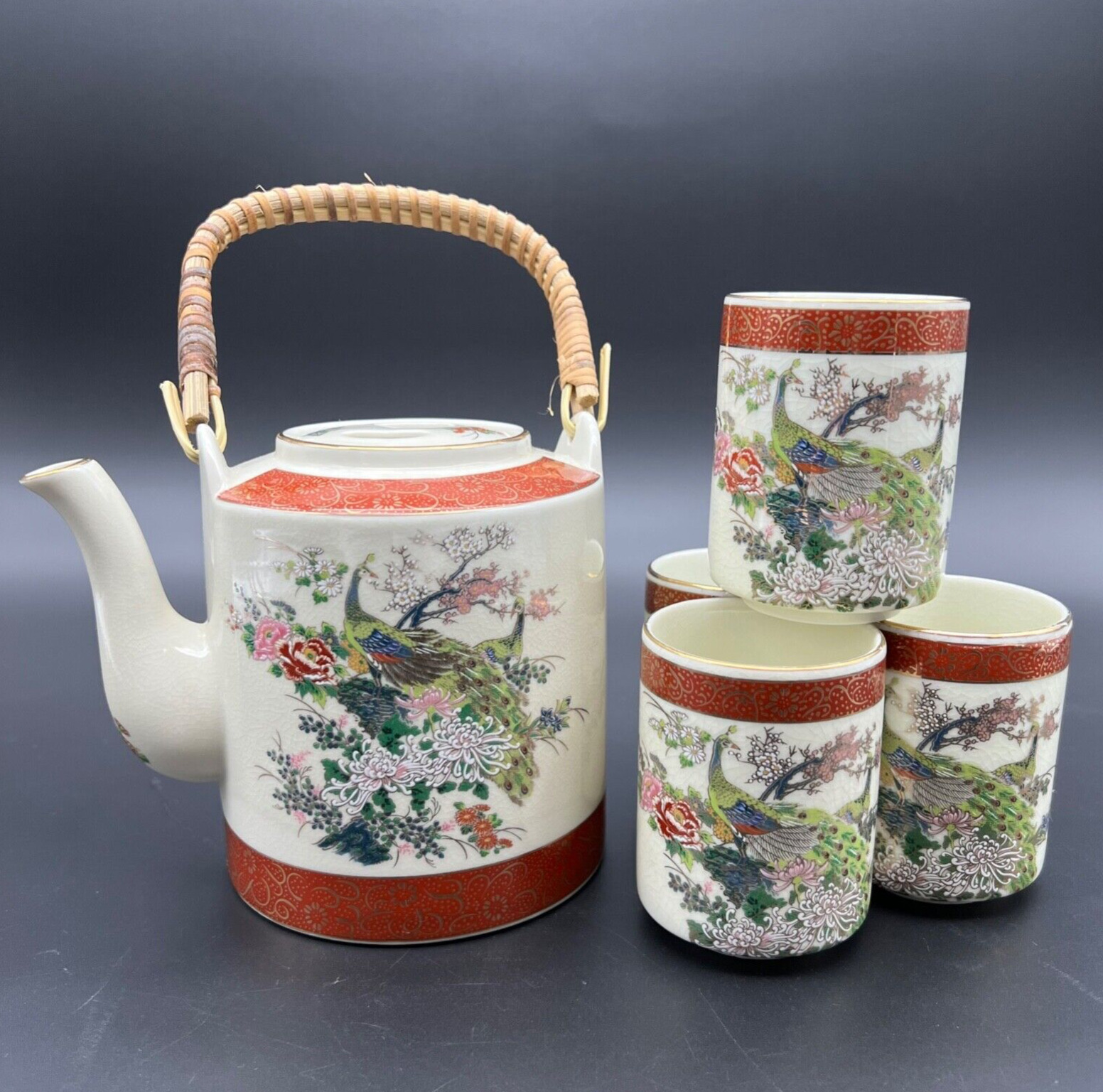 SATSUMA Japan Oriental Floral & Peacocks Tea Set 4 Cups & Teapot Arnart Imports