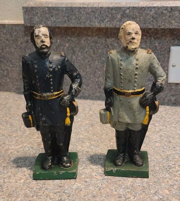 Antique vtg Robert E Lee Ulysses S Grant Civil War Cast Iron Bookends Door Stops