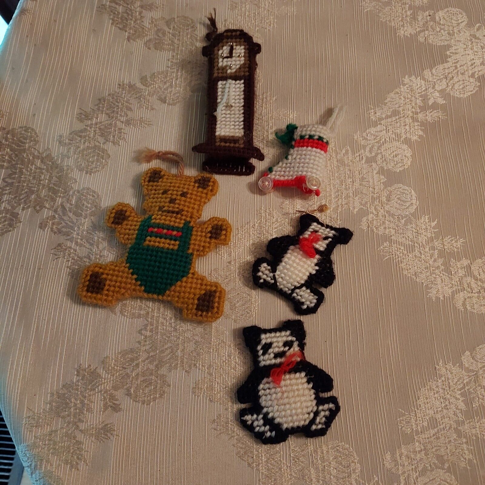 Vintage Handmade Needlepoint Cross Stitch Christmas Ornaments Skates clock bears