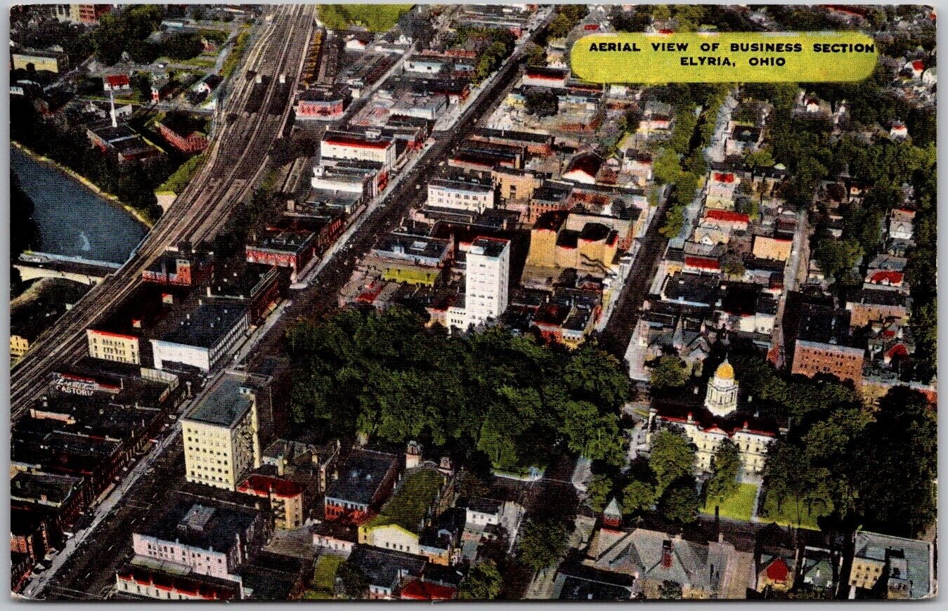 POSTCARD AERIAL VIEW OF BUSINESS SECTION ELYRIA, OHIO