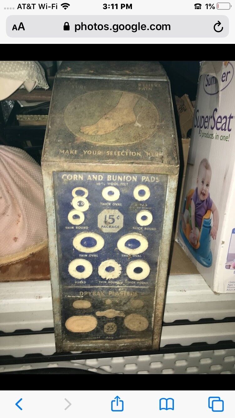 vintage metal podiatry foot bunion, corn bandage For 15 cents vending box