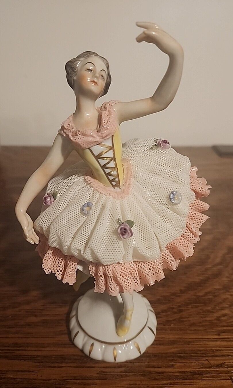 Antique Dresden Dancer Figurine Lace Ballerina Yellow & Pink 1962 Vintage Old