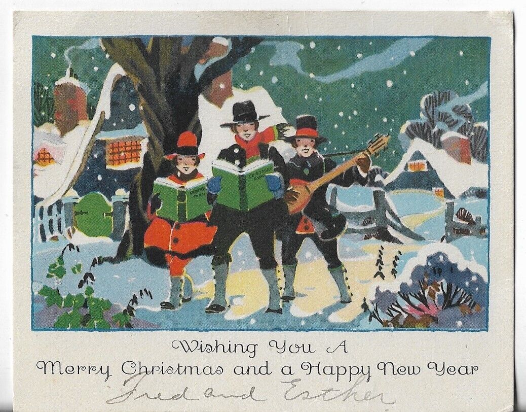 Used Vtg Christmas CARD-apx 5x4 ART DECO Three Men Singing Carols at Night
