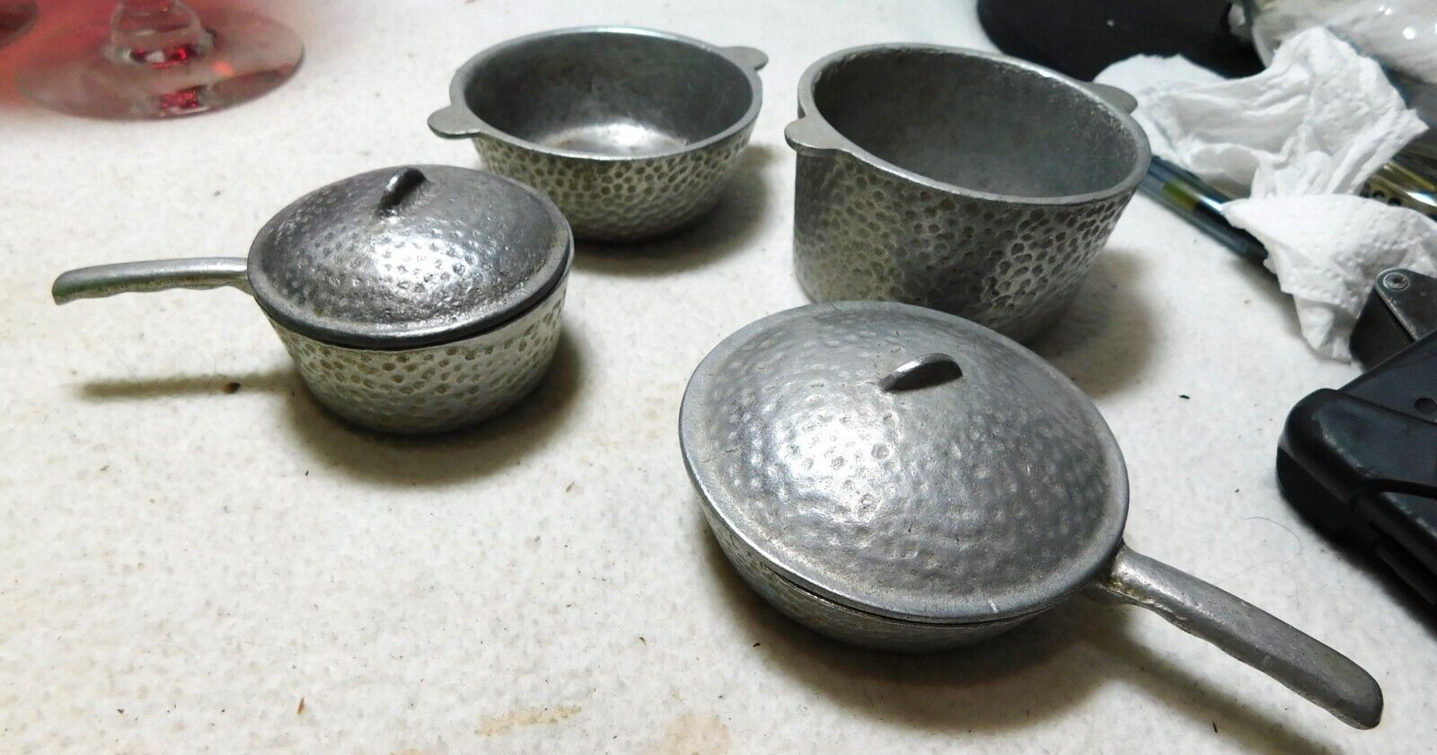 Vintage Hammered Aluminum Miniature Cookware Toys Samples / Pots + Pans