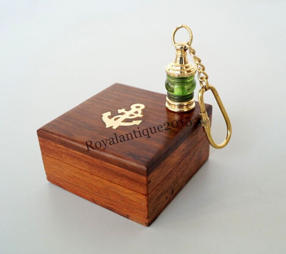 Antique Vintage Brass Lamp Keychain Marine Nautical Key Ring With Wooden Box