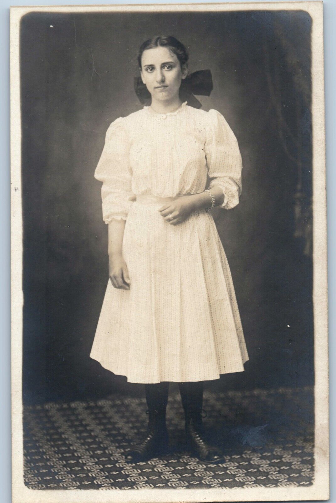 circa 1905 Vintage Real Photo RPPC Postcard Young Girl Dress Hair Bow Portrait
