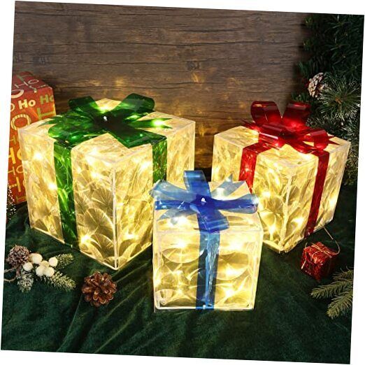 Liooty Set of 3 Christmas Lighted Gift Boxes, 60 LED Warm White Light up Gift 