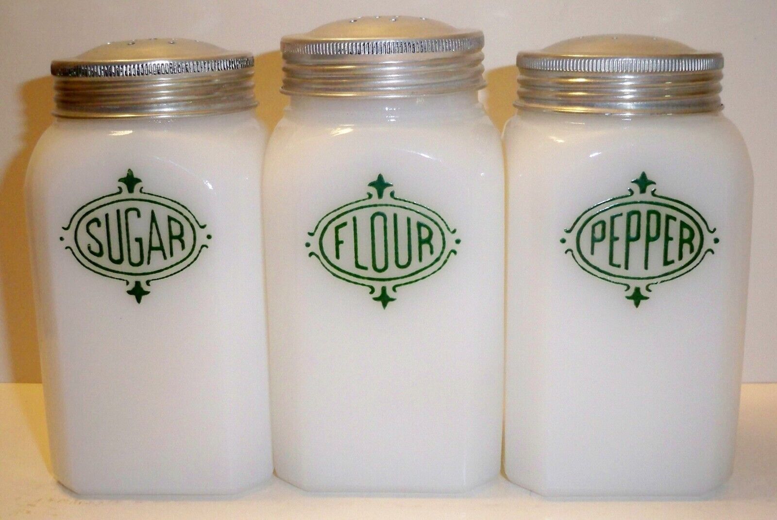 Hazel Atlas Chef Boy-Ar-Dee Milk Glass Flour Sugar Pepper Shakers