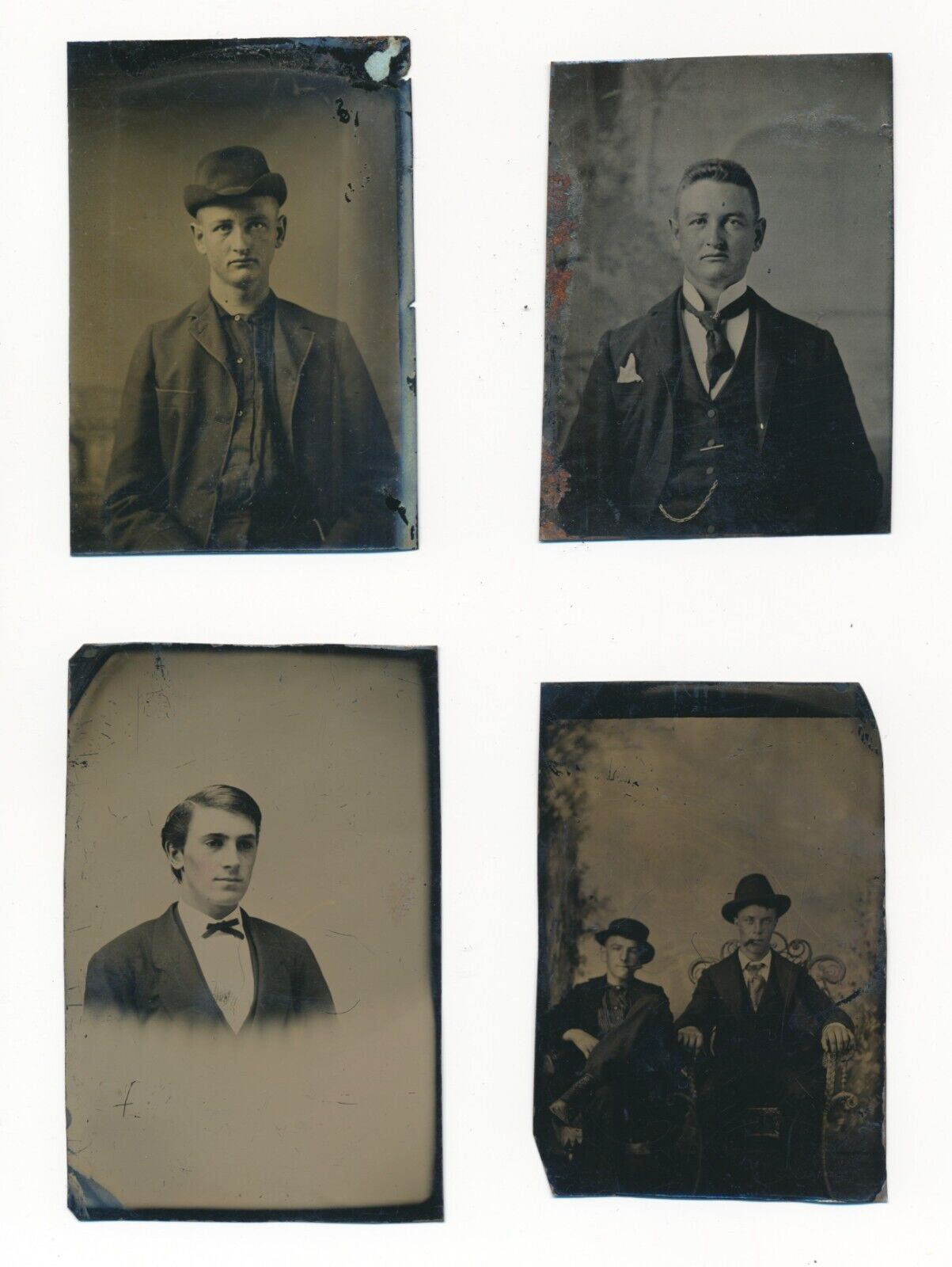 Lot of 4 Antique Tin Type Photographs Men Gentlemen Suits Hats