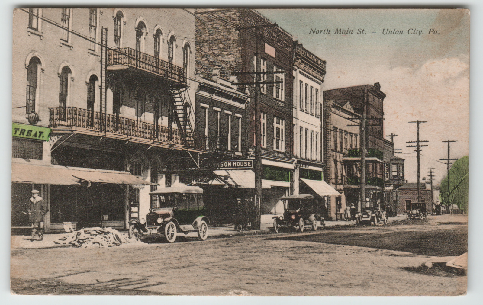 Postcard RPPC North Main Street in Union City, PA Dirt Road & Antique Cars