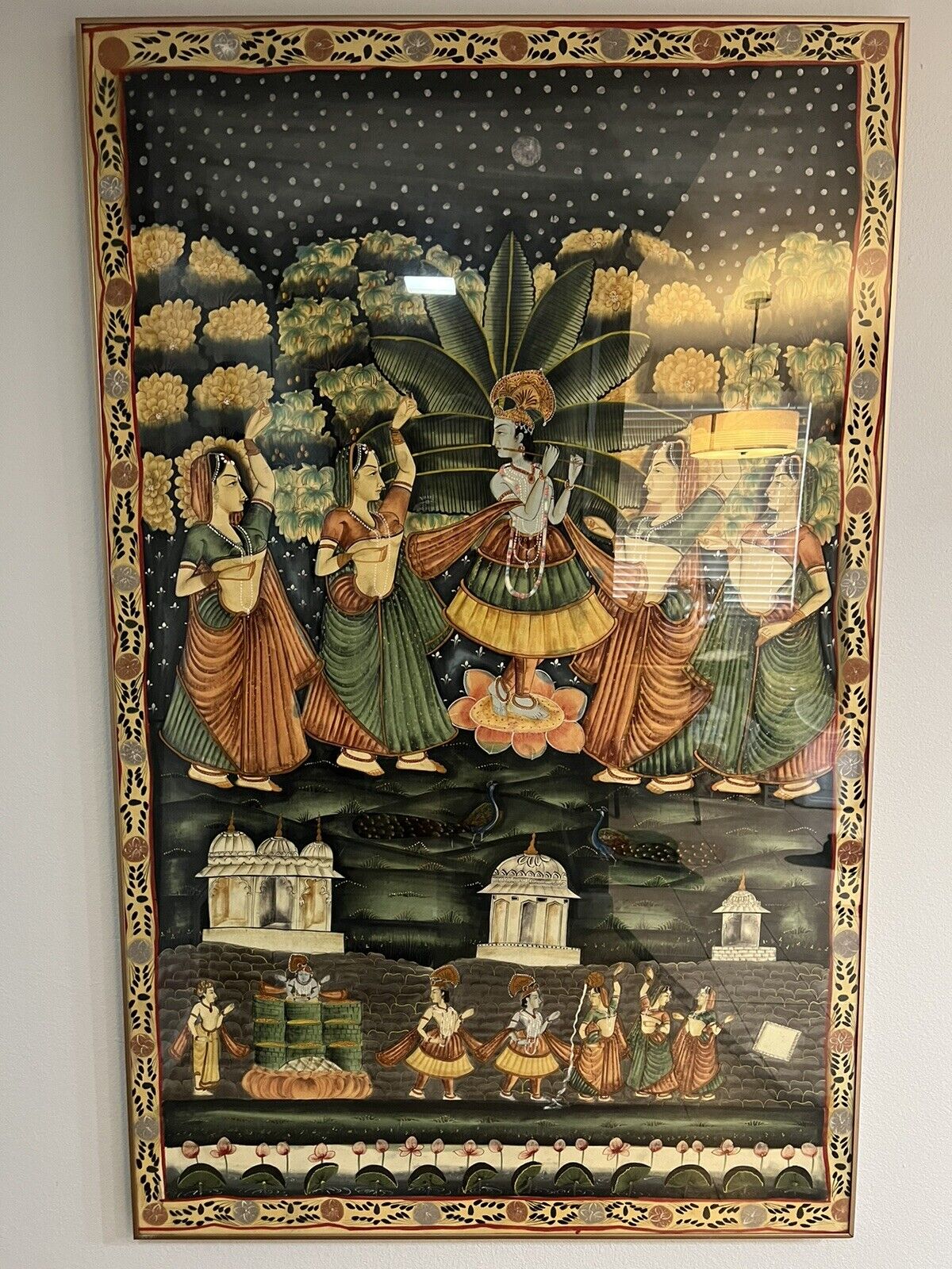 Vintage LARGE (68x43) Hindu Hinduism  Pichwai Dancing Silk Fabric Art Painting