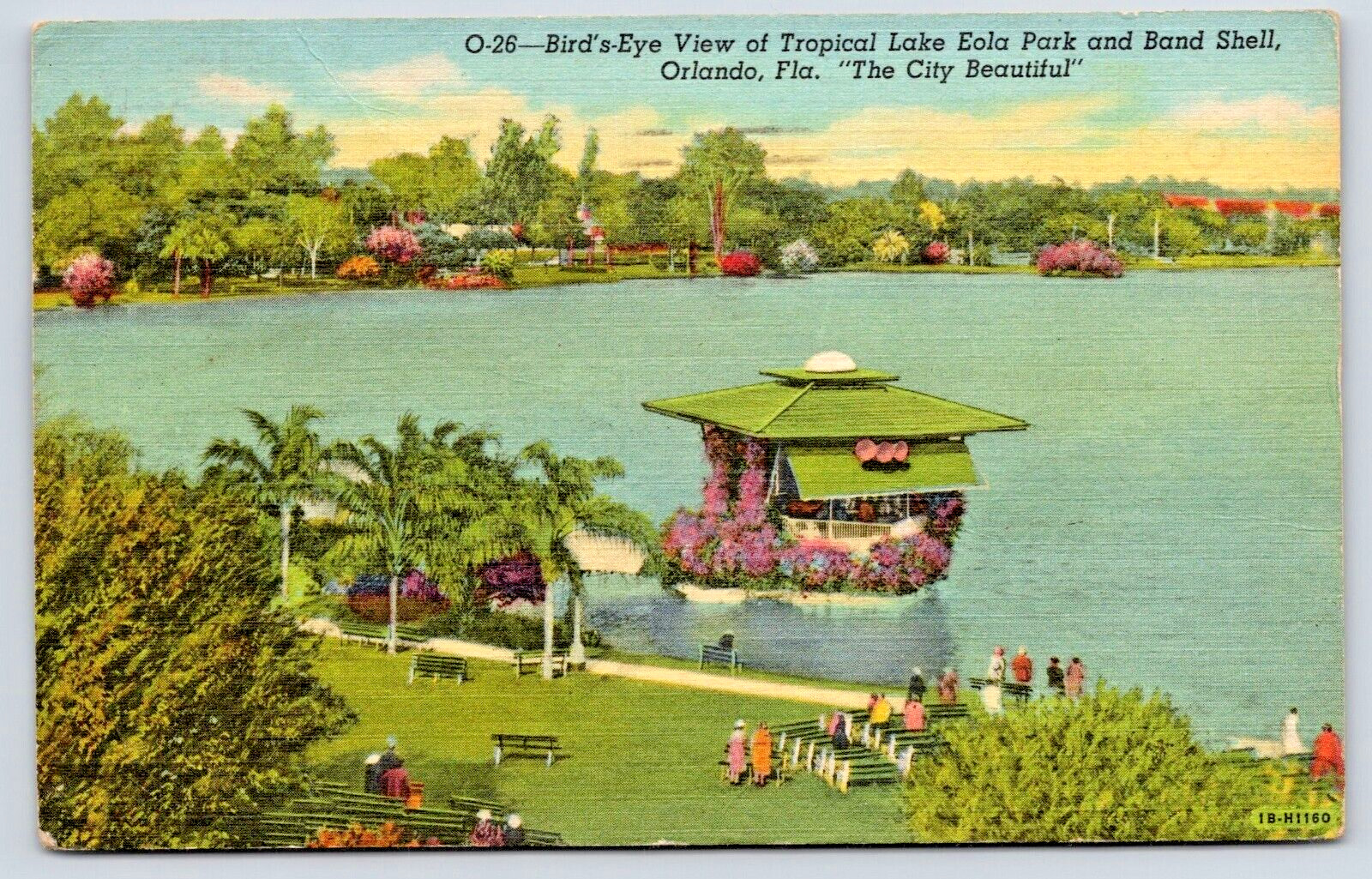 Linen Postcard Tropical Lake Eola Park Band Shell Aeriel Vue Orlando Florida A8