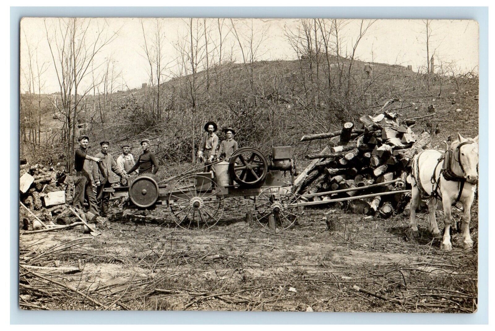 c1910\'s Horse Workers Loggers Logging Saw Axe Machine RPPC Photo Postcard
