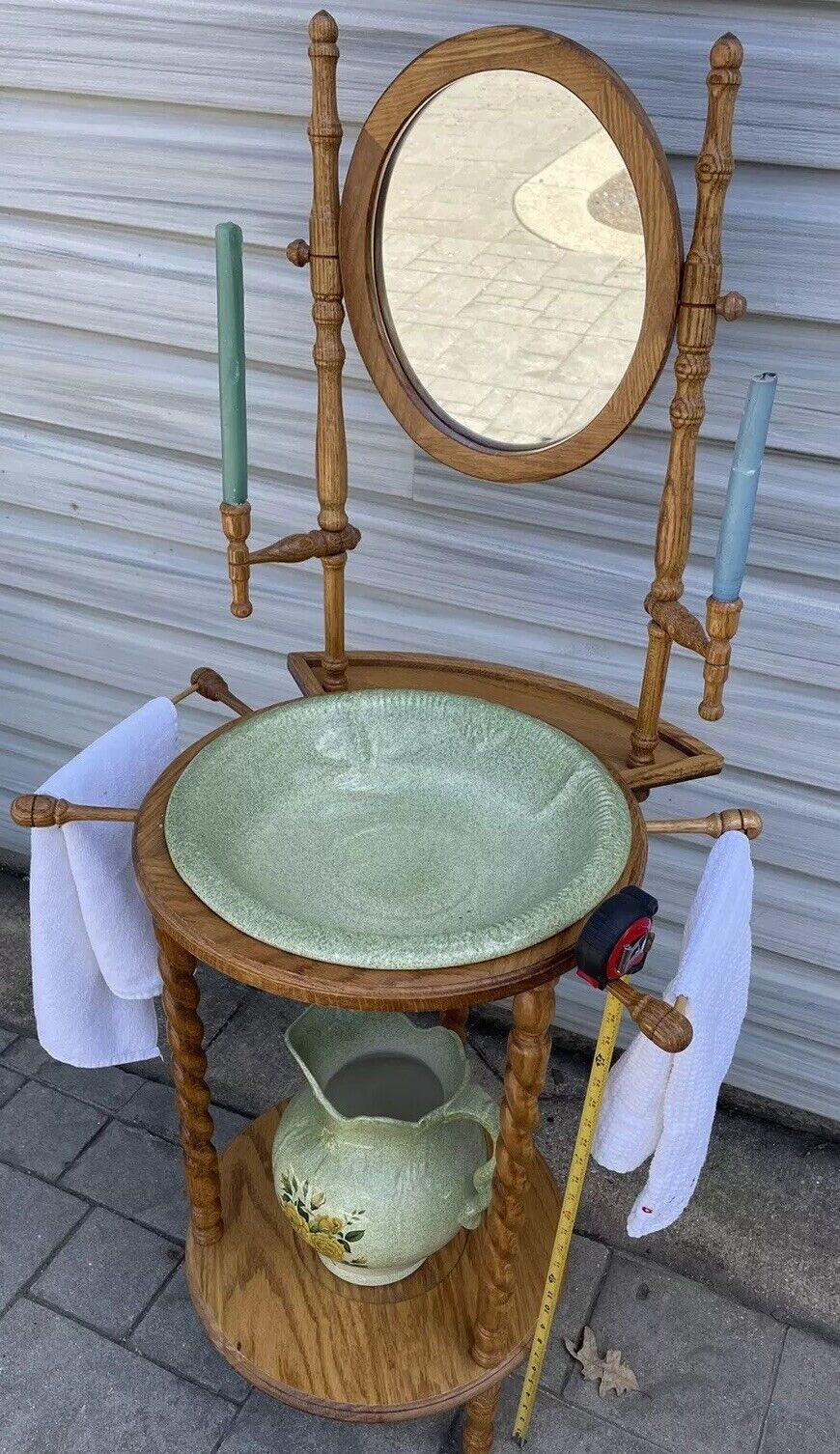 Antique  Victorian English Wash Basin and Pitcher with Wood Stand and Mirror