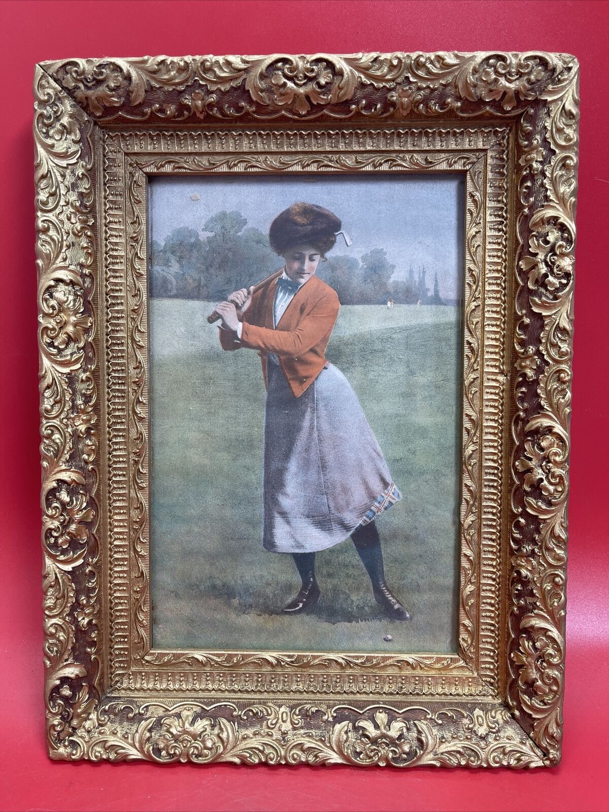 Antique English Victorian Lady Golfer Art Picture lithograph Print Frame