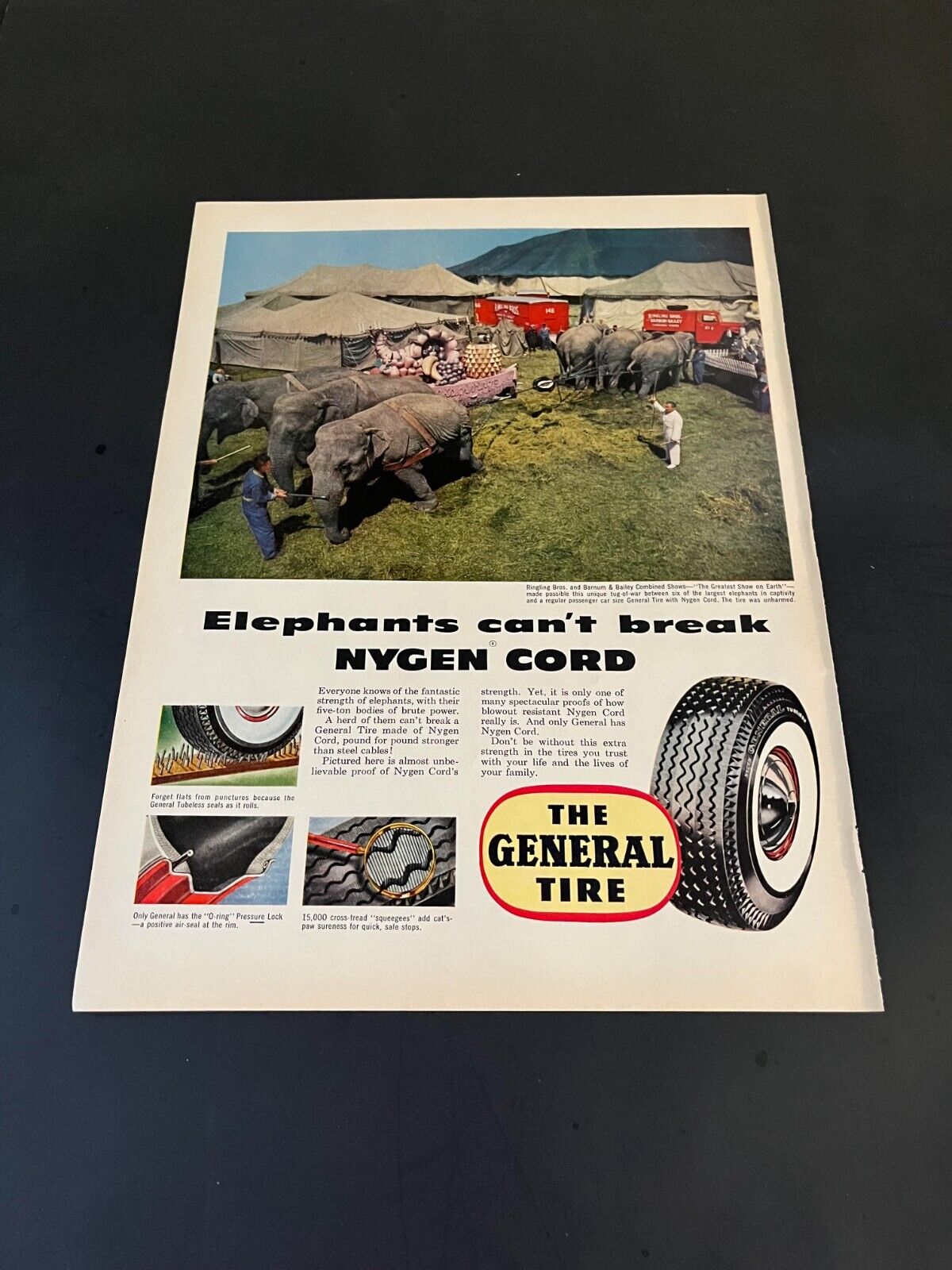 1955 VINTAGE THE GENERAL TIRE PRINT AD, ELEPHANTS CAN\'T BREAK NYGEN CORD