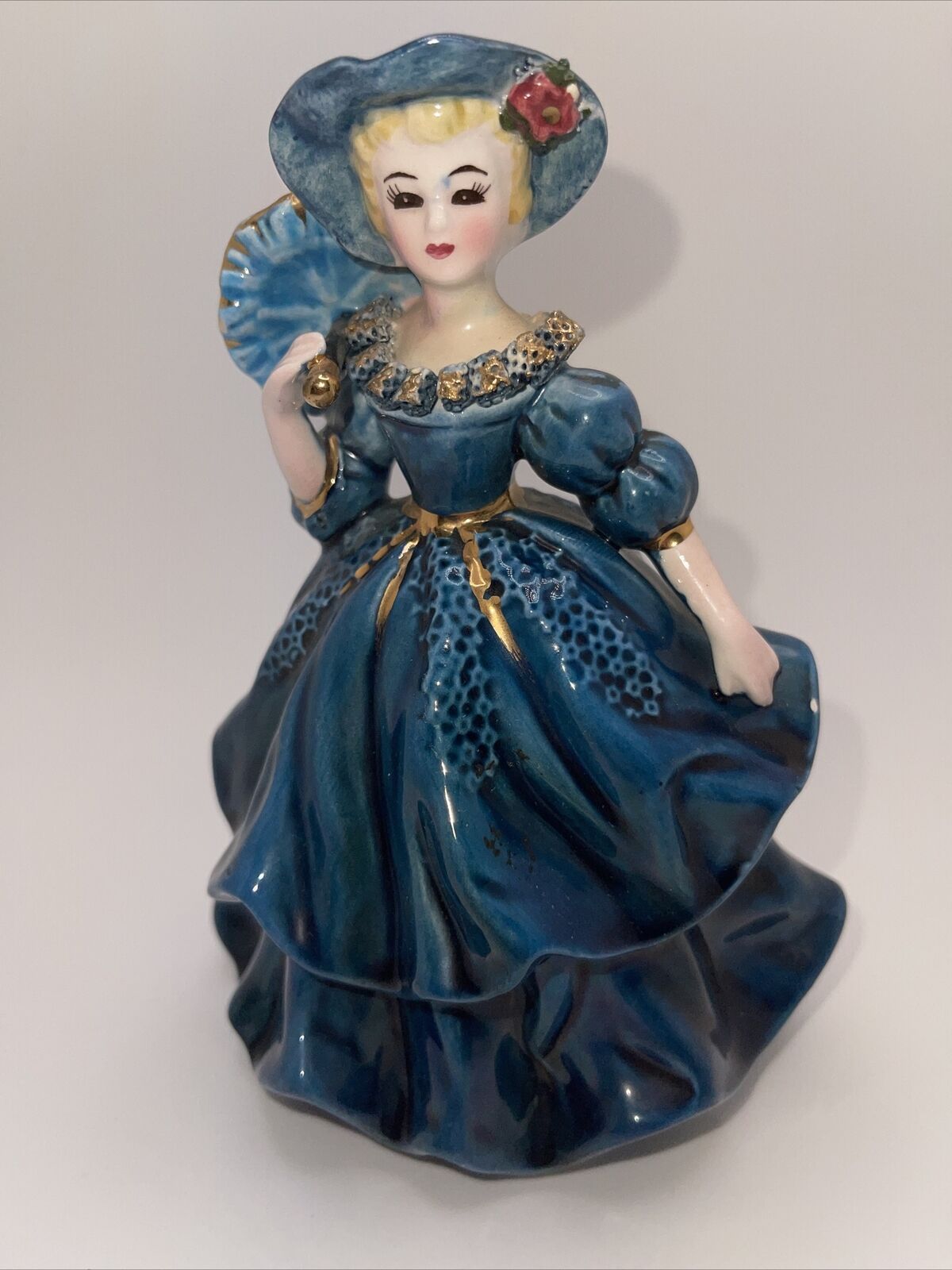 Vintage Lefton #4232 Fancy Lady in Deep Blue Gown Twirling Umbrells Figurine