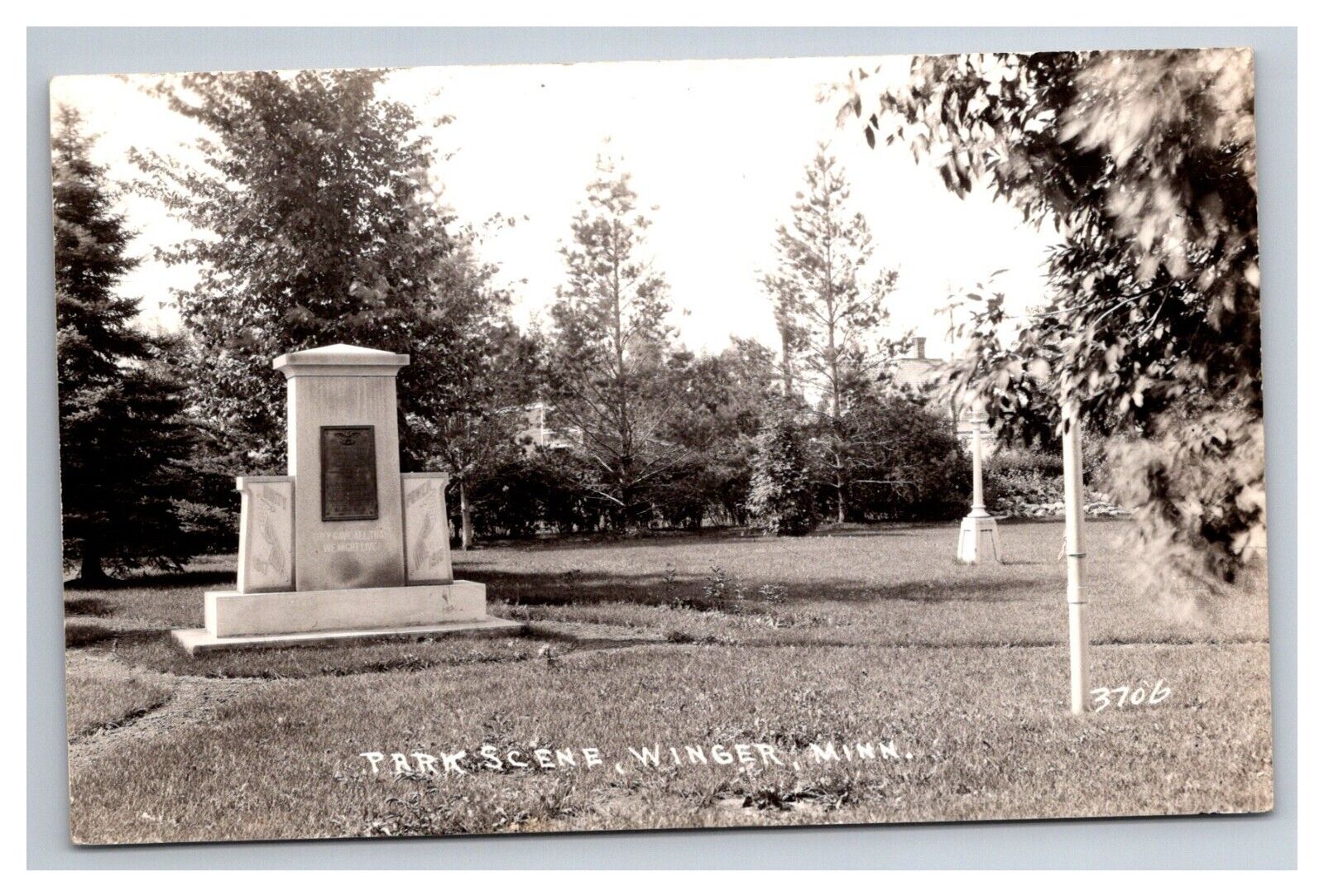 Postcard Winger Minnesota Park View Monument RPPC