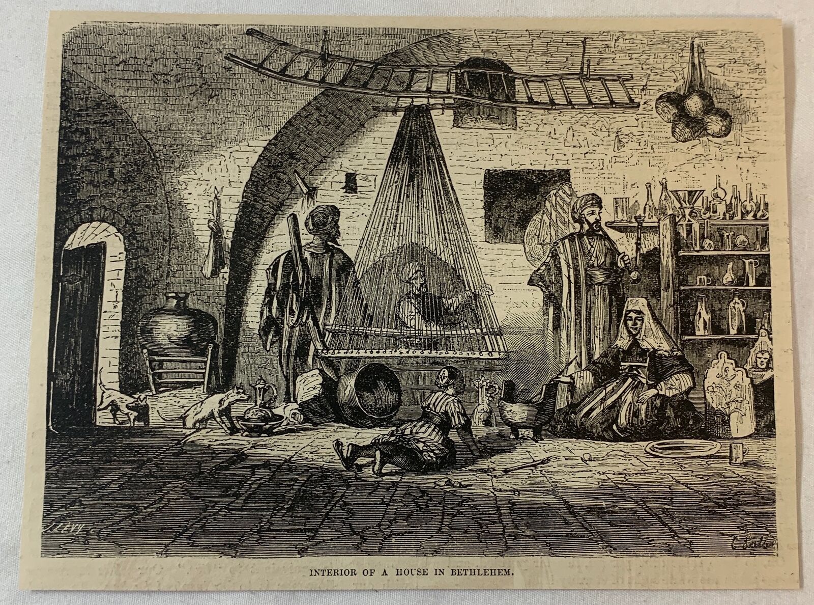 1877 magazine engraving~ INTERIOR OF A HOUSE IN BETHLEHEM