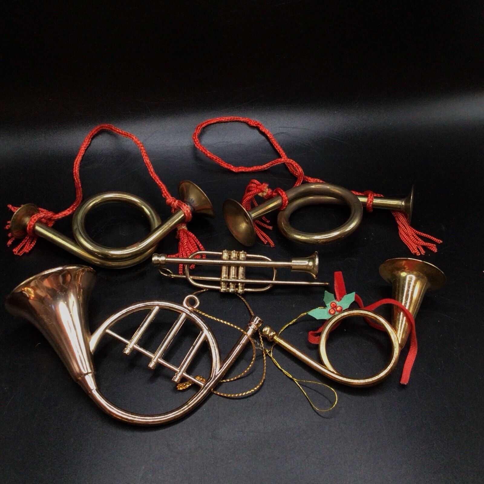 Vtg Lot Brass Instrument Christmas Ornaments French Horn Trumpet w red tassels