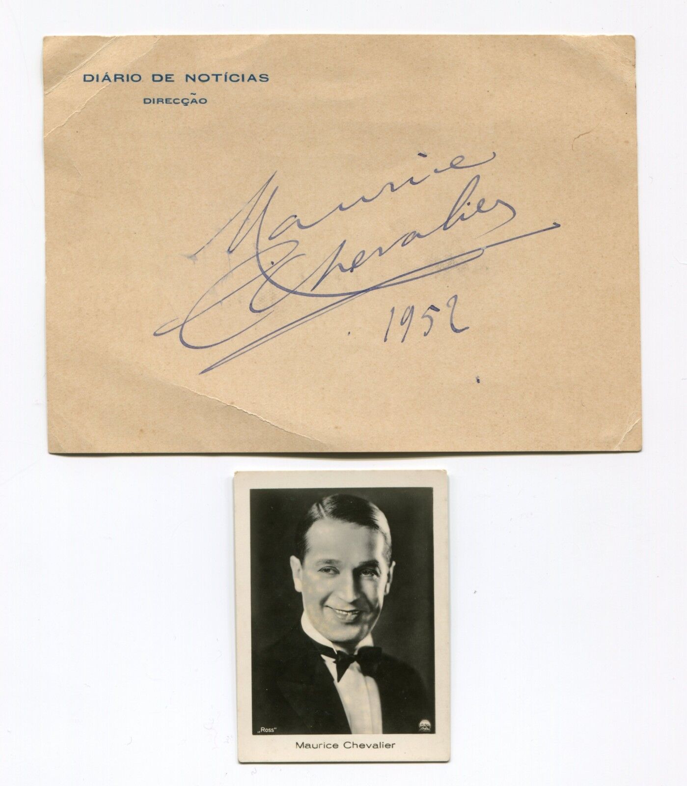 Original 1952 Maurice Chevalier Autograph and Photograph Diario Noticias Lisbon