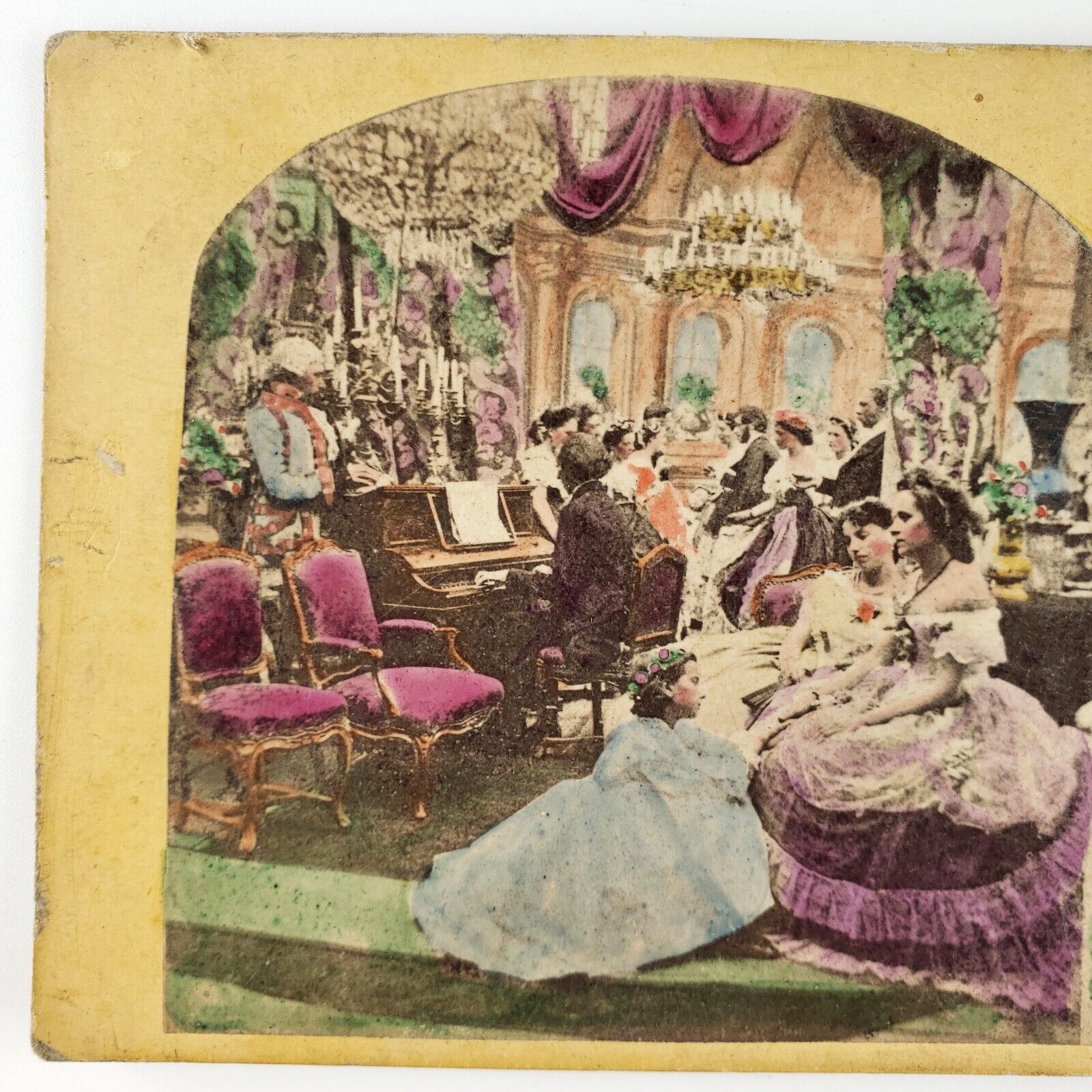 Victorian Parlor Dance Party Stereoview c1855 Tinted Piano Music Ladies A2373