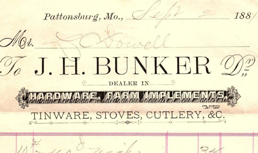 1880s PATTONSBURG MO J.H. BUNKER DEALER HARDWARE STOVES  BILLHEAD INVOICE Z1236