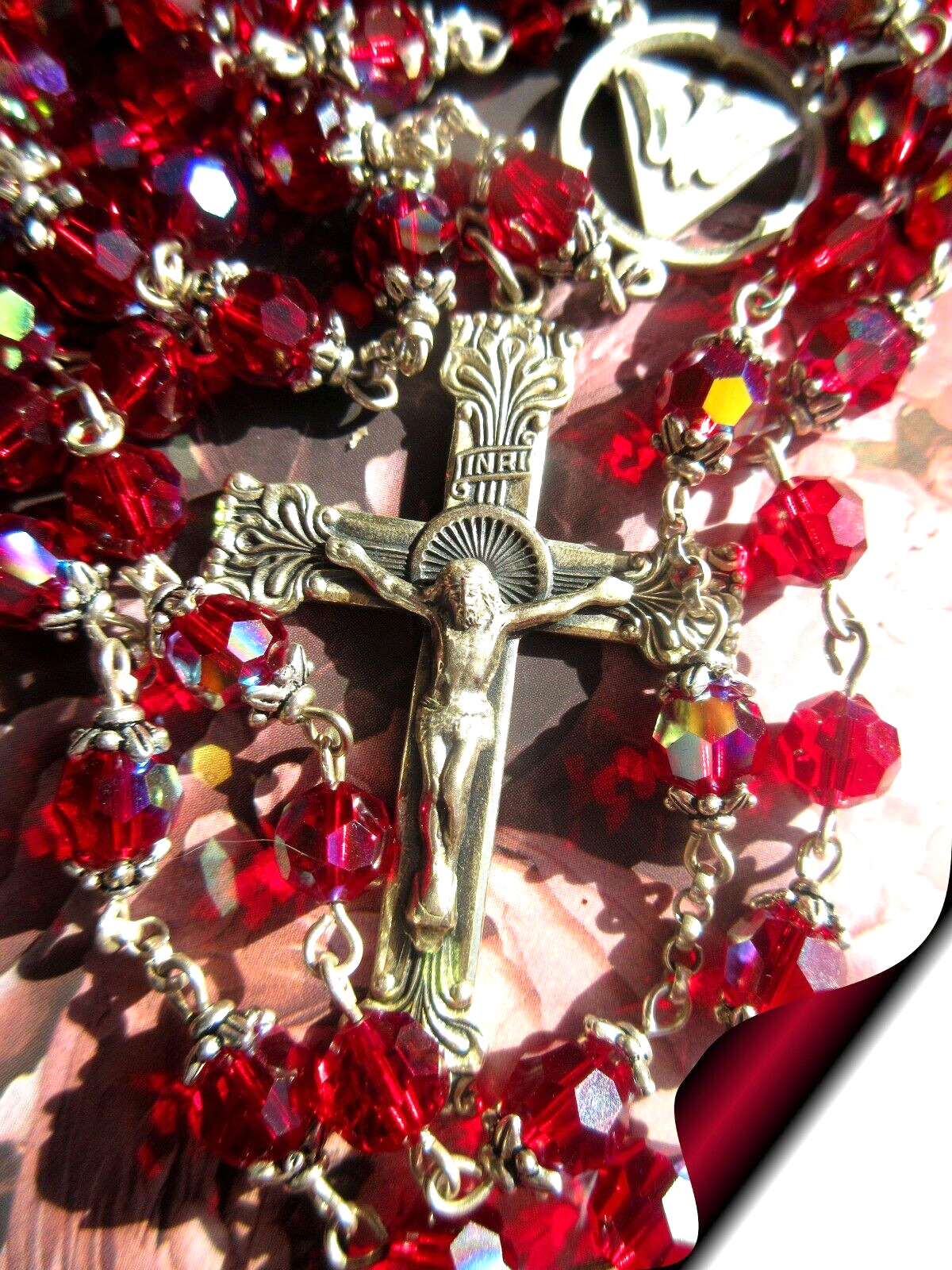 Collectible Rosary Vintage Swarovski Ruby with Holy Spirit Center 925 SS Blest