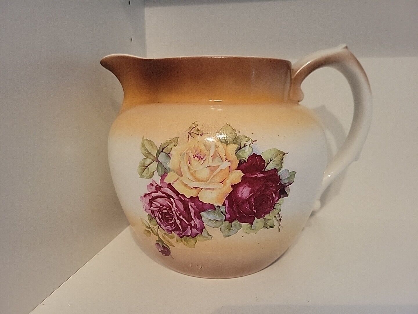 Antique Smith Phillips Semi Porcelain Pitcher Burgundy Red Yellow Rose READ 