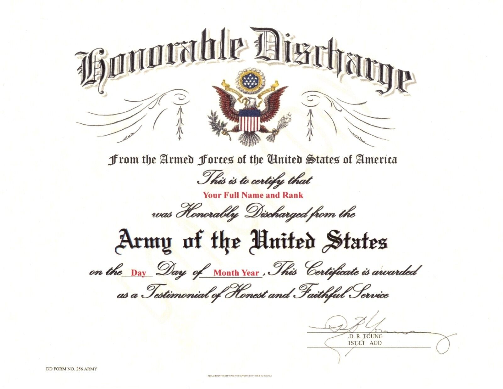 United States Army Honorable Discharge Replacement Certificate