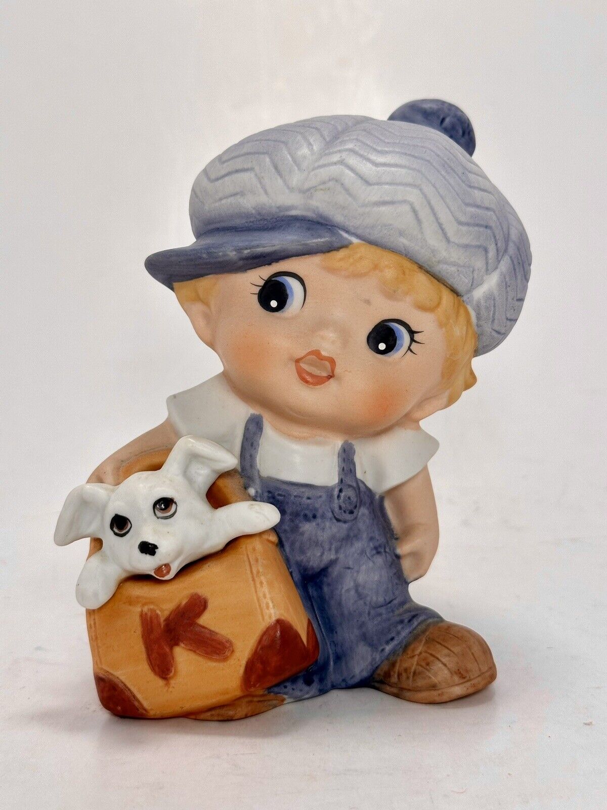 Vtg Homco Figurine Little Boy With Dog Puppy In a Bag Porcelain 1439