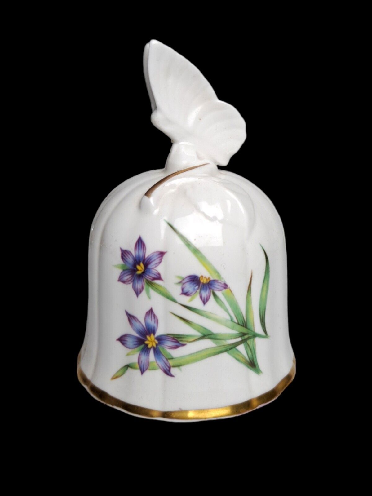 Vintage Royal Worcester Bell~Bermudiana Saskatchewan  Flower~Butterfly Handle~UK
