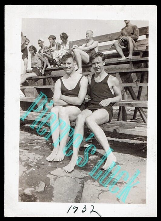 Two  Handsome Muscular Young Men in Swim Suits - Vintage 1932 Photo GAY INTEREST